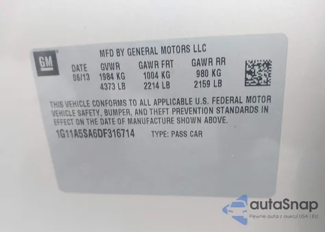 2013 Chevrolet Malibu 1Fl из США, поврежденный, VIN 1G11A5SA6DF316714